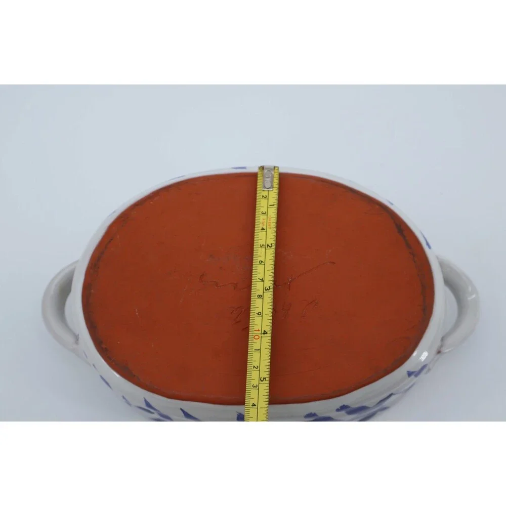 Signed Studio Pottery Oval Baker Blue White Crosshatch Ceramic Dish 1970s